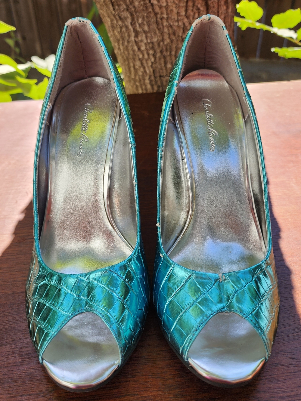 Charlotte Russe Metallic Teal Croc Peep Toe Heels Pumps [9]